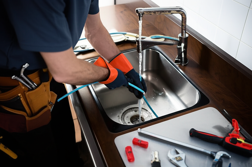 Plombier effectuant un débouchage de canalisation à Charleroi